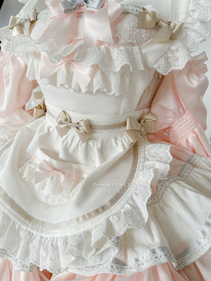 Robe bouffante sans bretelles à volants et taille basque, tablier blanc et rose