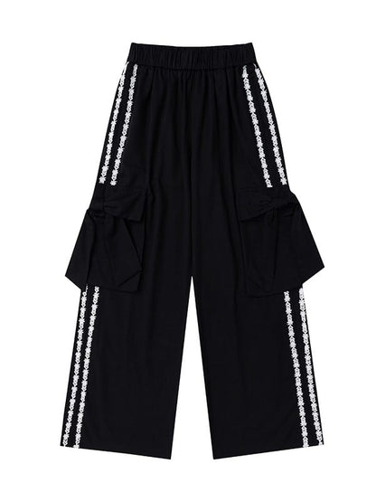 Pants Floral Bow Details Straight-leg With Apricot/Black Stripes And