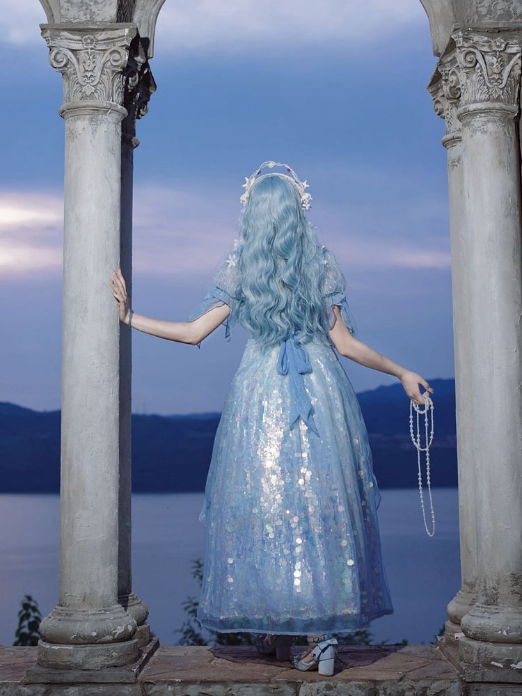 Mermaid-Inspired Sequined Sparkling Dress Empire Blue Waist Lolita