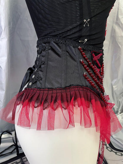 Black Red Lace Trim Goth Corset Belt with Beaded Chains