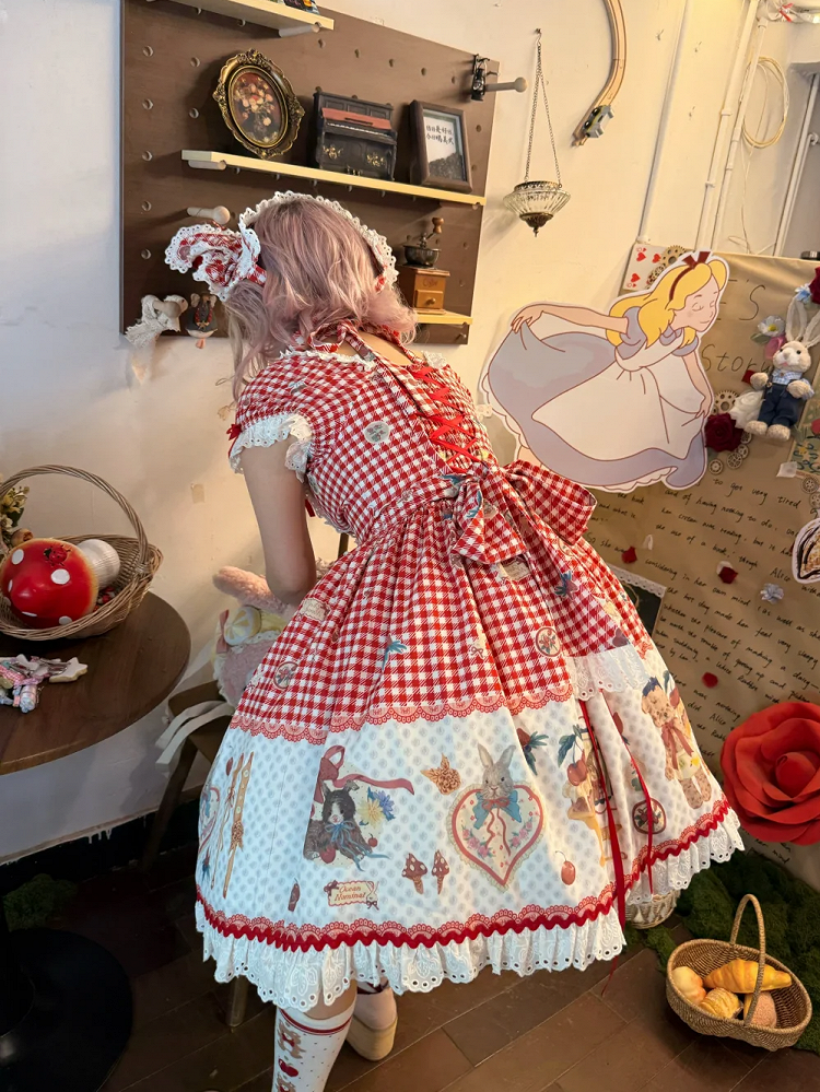 Teddy Red Print Sweet Dress Dessert and Cherry Gingham Lolita