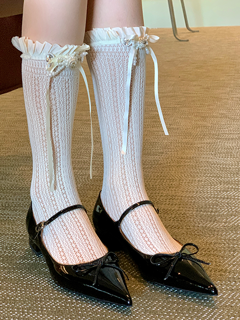 Lace Trim Socks White/Milky Bowknot Lolita White/Black/Red/Purple/Grey/Brown