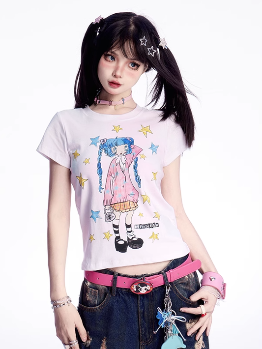 Weißes T-Shirt mit Rundhalsausschnitt und Y2K-Cartoon-Mädchen- und Sternendruck