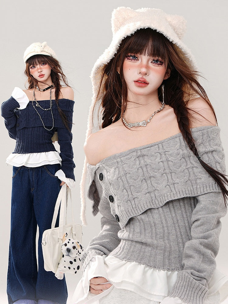 Grau/Marineblauer, schulterfreier Pullover mit schmaler Passform, Saum und Bündchen im Patchwork-Stil