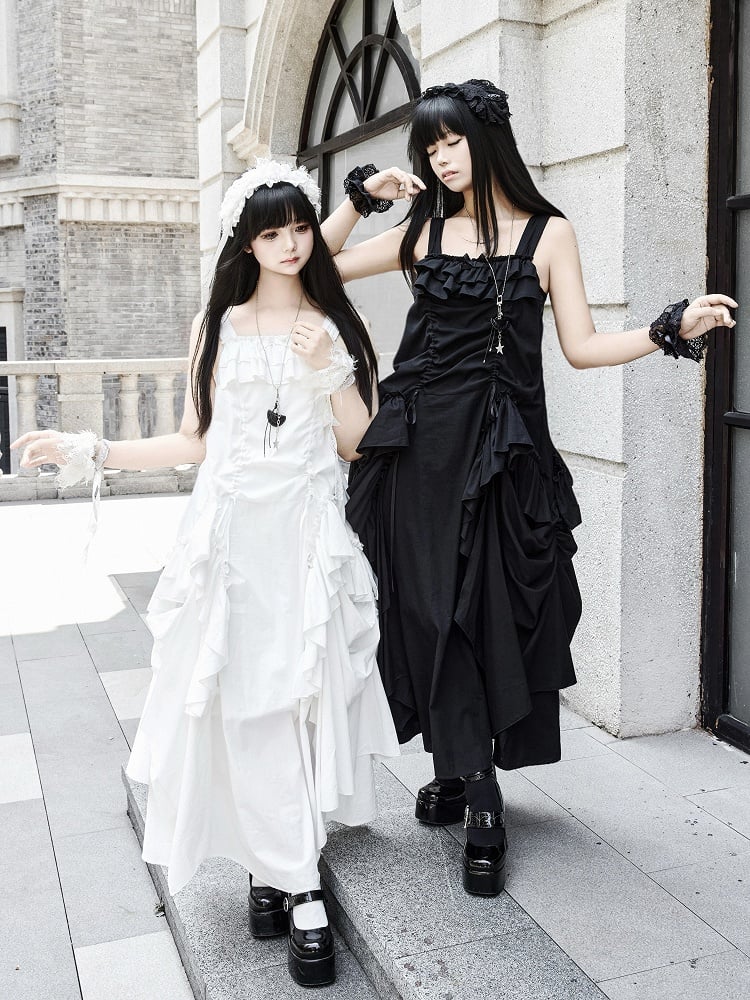 Dress Loose White Goth Ruffles Design Drawstring Cascading