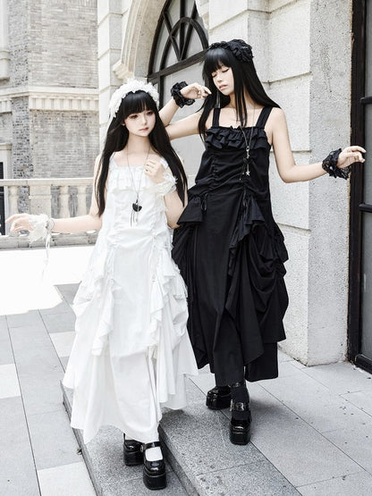 Dress Loose White Goth Ruffles Design Drawstring Cascading