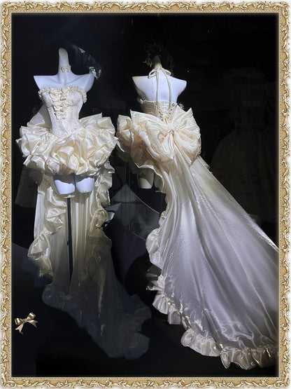 Set Balletcore + Full Top Train Big Bow Sleeves Skirt Corset Gold Lace-up