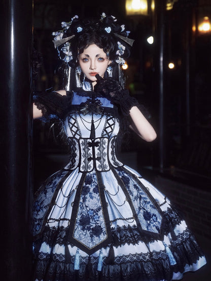 Robe Qipao élégante à col cheongsam bleu et noir + ceinture corset à baleines + ensemble Qi Lolita JSK superposé à pompons