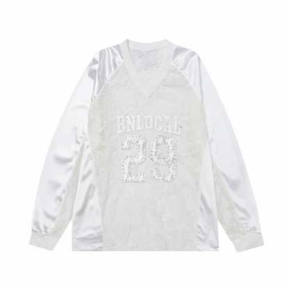 Sweatshirt White V-neck Contrast Lace Patches Number Applique Summer