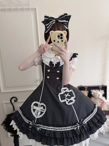 Polka-dot Ruffle Hemline Lolita Nurse Pattern Dress Layered Black