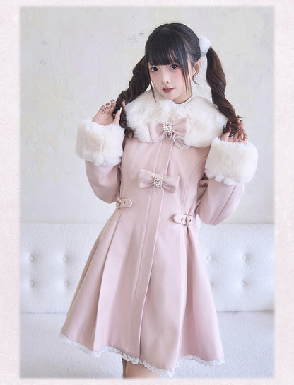 Cuffs Jirai Kei Plush Collar Rhinestones Lace Trim and Pink Coat Bowknots