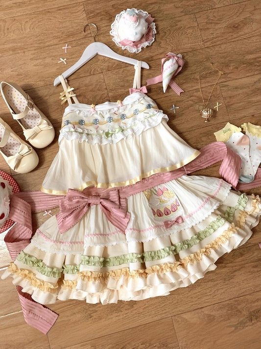 Jumper Cake Strawberry Skirt Pastel Color Summer Cream Embroidery Sweet Lolita