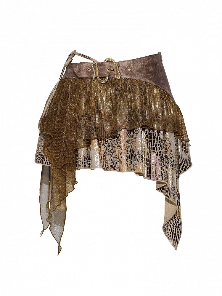 Hem Y2K Design Asymmetrical Skirt Brown Snakeskin