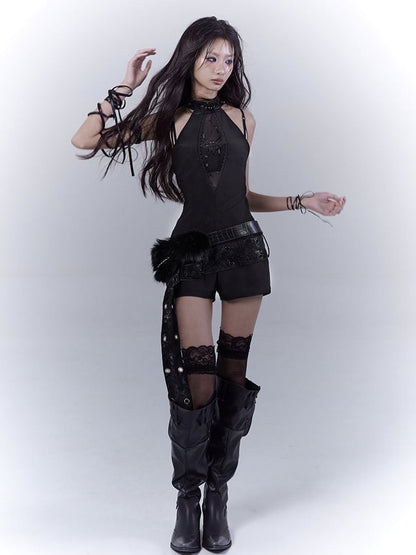 Belt Glamorous Black Halter Neck Spider Rhinestones Jumpsuit with Buckle