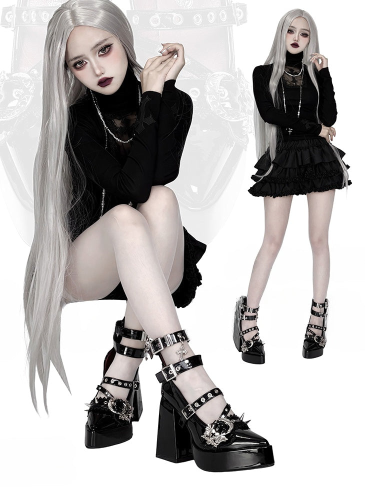 Gothic Polished Black Cross Heart Buckle Straps Stud Platform High Block Heels
