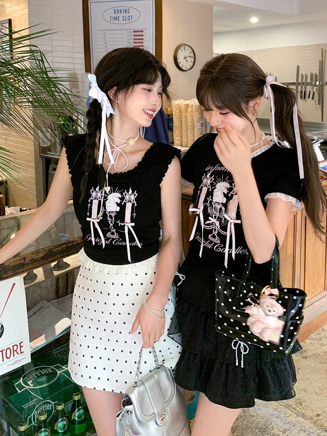 Black Square Neck Candlestick Print Drawstring Hem Lace Trim T-Shirt