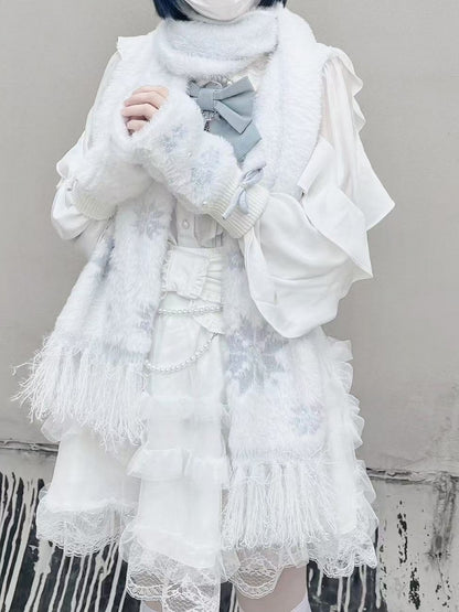 Fingerlose Strickhandschuhe mit Schneeflockenperlen-Akzenten, silberner Schleife und Weiß