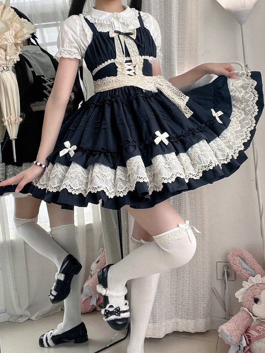 Summer Pleated Jumper Trim Ruffle Lolita and Black Skirt