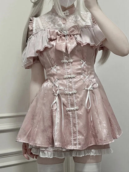 Set- Shorts Bow Tie Neckline + + Bell Sleeves Illusion Cheongsam Mini Dress Dusty Jirai Style Pink Kei