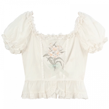 Beige quadratische Rüschenbluse mit Ausschnitt, Puffärmeln, Lilienstickerei und Spitze