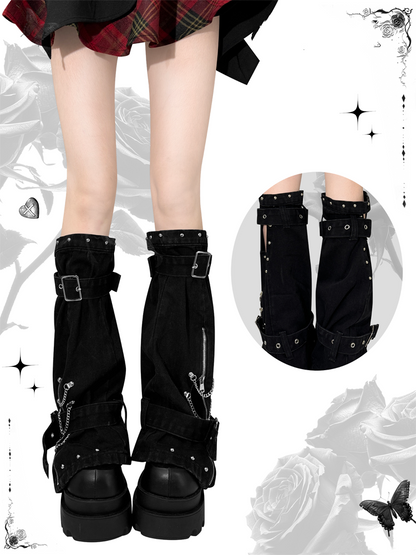Black Punk 47.5cm Leg Warmers with Zipper and Buckle Straps at Cuffs Studded