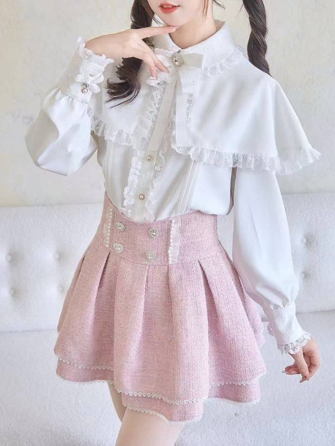 Tweed Skirt Waist Pink Jirai Kei Heart Rhinestones High