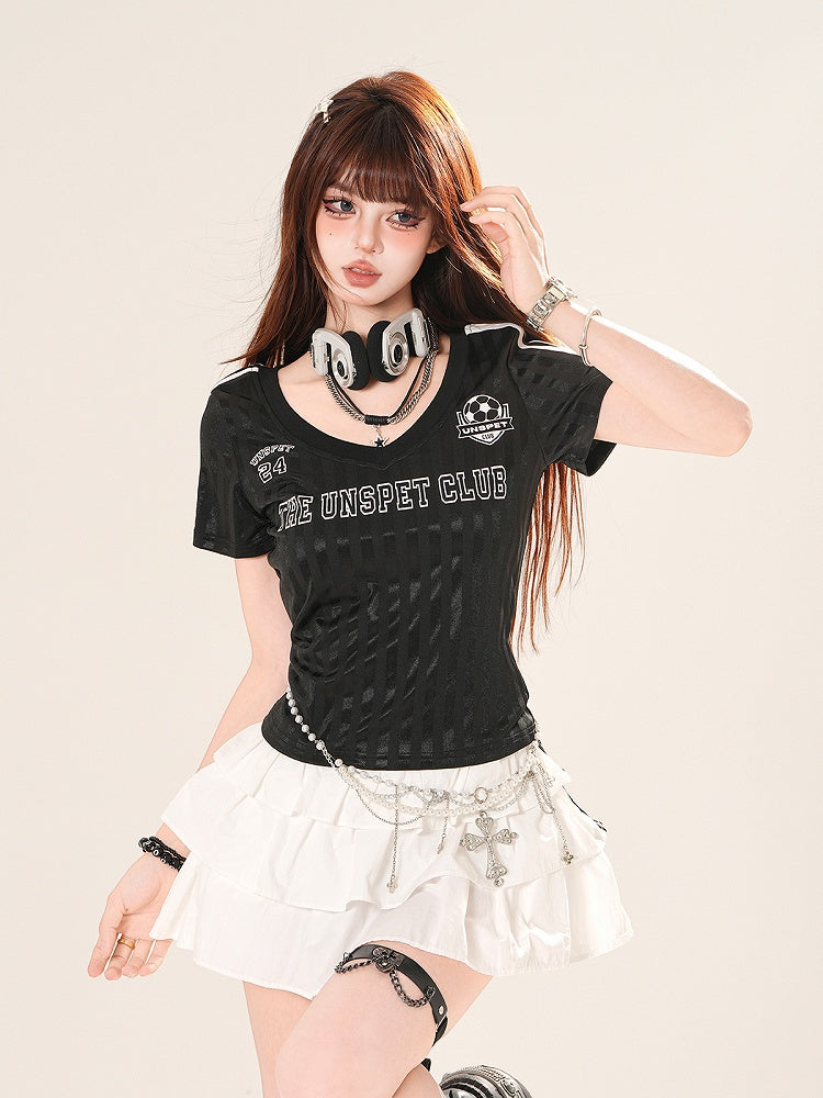 Black Striped Pattern Letter Print V-Neck T-Shirt
