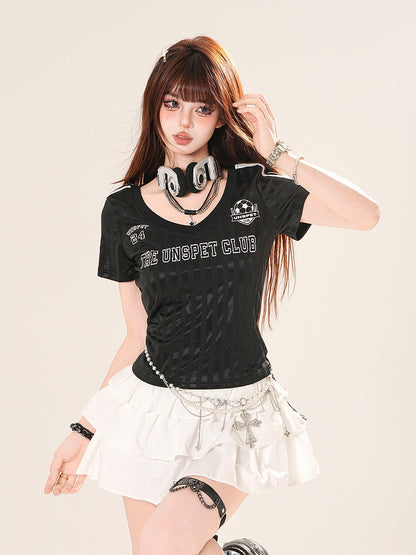 Black Striped Pattern Letter Print V-Neck T-Shirt