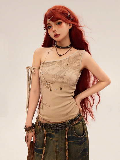 Apricot Graffiti Print Vintage Wasteland Punk Asymmetrical Neckline Top