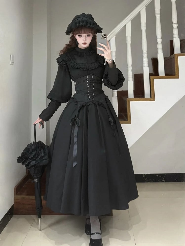 Long-Sleeve Black Dress Lolita Ruffled Waist Classic High Elegant