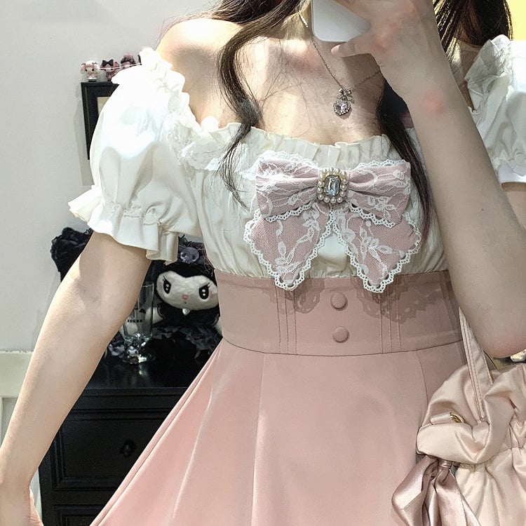 Set aus Minikleid und Shorts mit schulterfreiem Ausschnitt, Jirai Kei, Schwarz/Pink/Blau