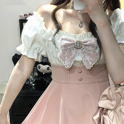 Set aus Minikleid und Shorts mit schulterfreiem Ausschnitt, Jirai Kei, Schwarz/Pink/Blau
