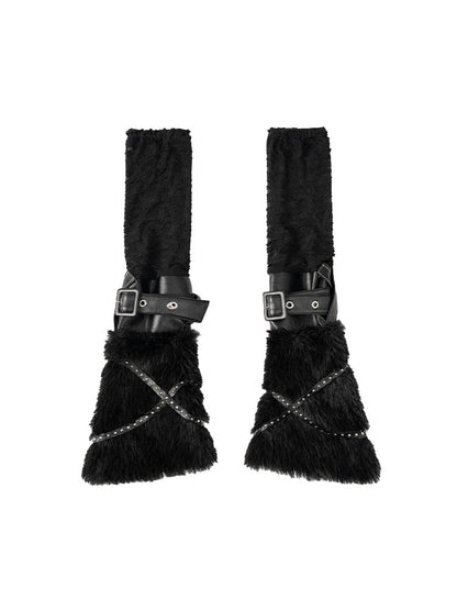 Straps  Faux Fur Punk Rock Leg Warmers with Studded PU Black