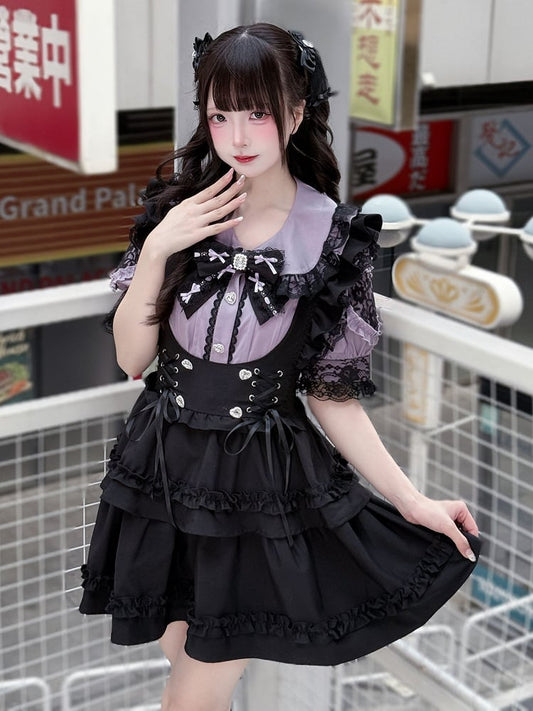 Set Lace-up Overall Skirt Jirai Waist Kei Purple Peter Pan Collar Blouse with Black