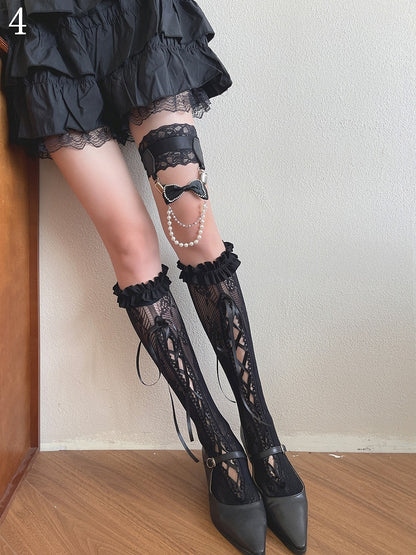 Strands Black Stockings/Lace Lace-up Hollow-out Underknee Leg Beaded Chain Loop/Bowknot