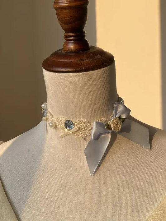 Decorated Bowknot Choker Blue and Rhinestone