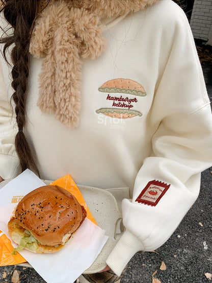 Cute Capybara Burger Applique Beige Thick Sweatshirt