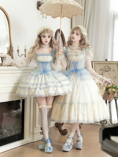 Full Beige OP Blue Lolita Sleeves Neckline and Trims Light Short Set Square Lace Dress