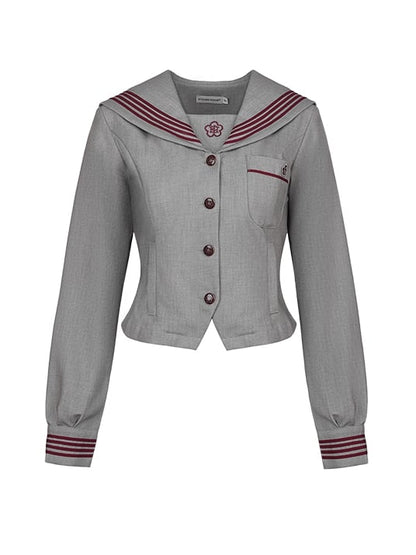 Sleeves Gray Long Blouse Sailor JK Embroidery Collar Uniform Floral