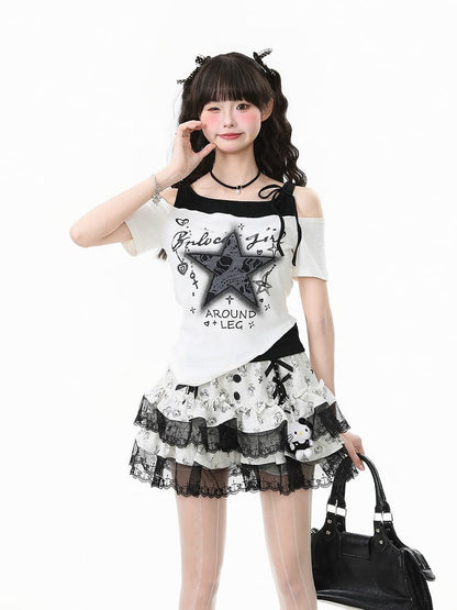 Two-Piece Top with Star Embroidery Black/White Faux Asymmetrical Off-Shoulder