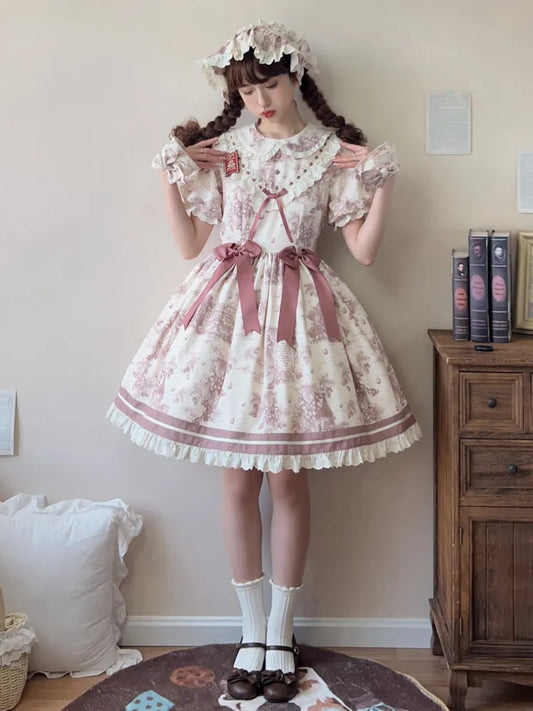 Lolita-Kragen-Print Pan Dusty Grapes Kurzes lila Ärmelkleid Peter