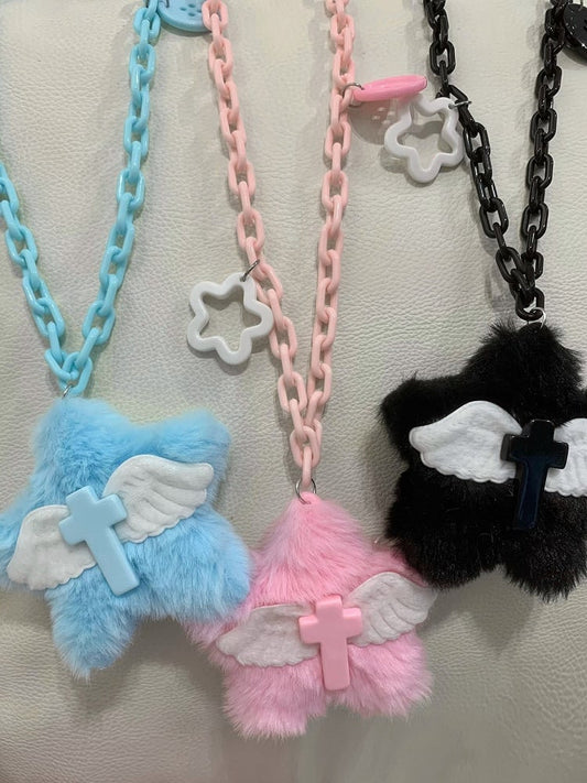 Black/Pink/Blue Plush Star Wing Cross Pendant Necklace