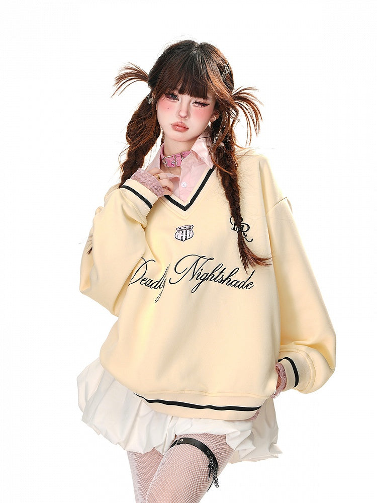 Apricot/Pink Polo Collar Letter Embroidery Spring Loose Sweatshirt Faux Two-pieces