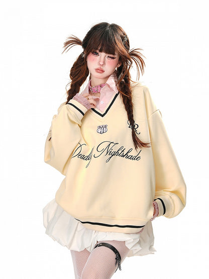 Apricot/Pink Polo Collar Letter Embroidery Spring Loose Sweatshirt Faux Two-pieces