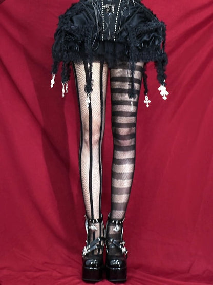 Asymmetrical Striped Fishnet Tights
