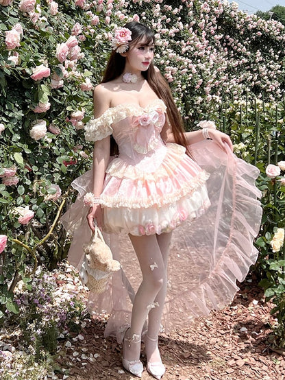 Kei Pink Fairy Bubble Corset Dress Floral Decorations Bodice