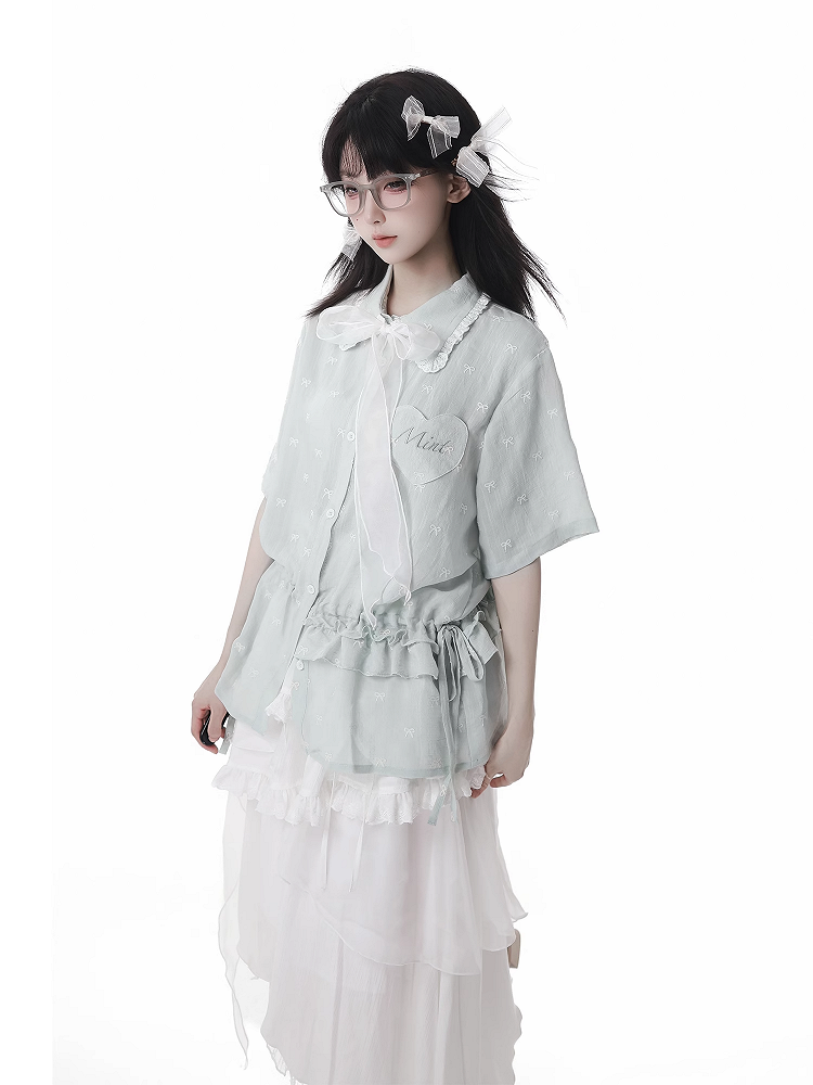 Bowknot Embroidery Short Sleeves Shirt Light Green Drawstring Waist Allover