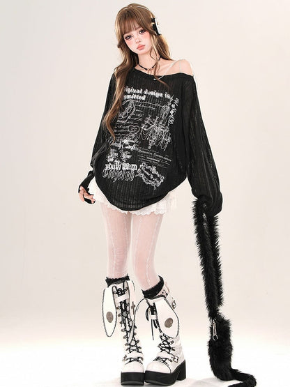 Black/White Asymmetrical Neckline Loose Fit Printed Top