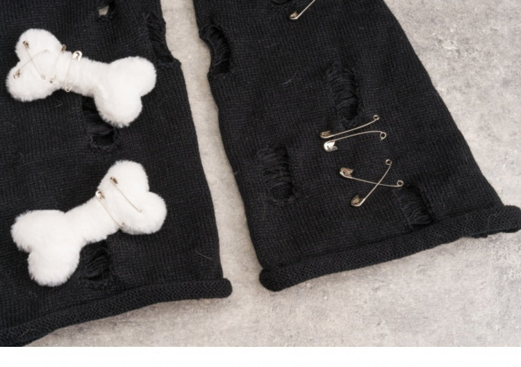 White Bones Distressed Holes Gothic Black Knit Leg Warmers