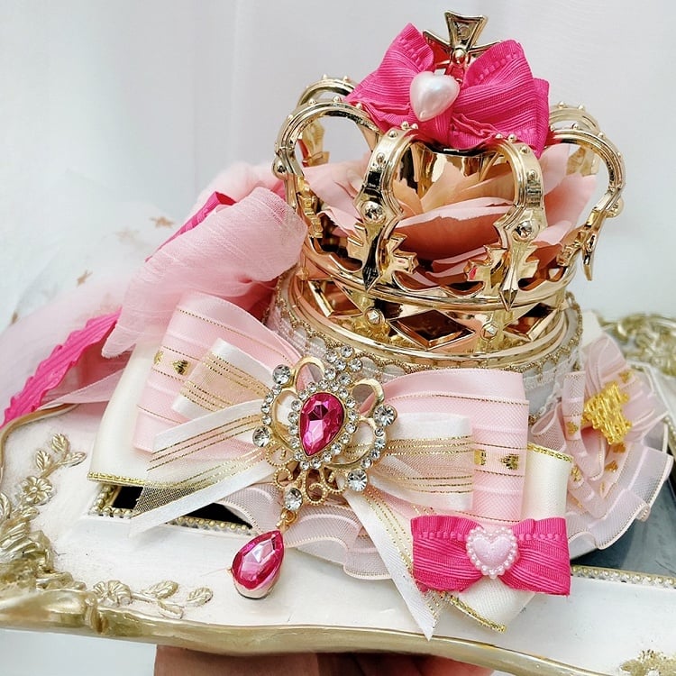 PinkWhite Details Rhinestone Charm Crown Jirai Mini Kei Hat Bowknot